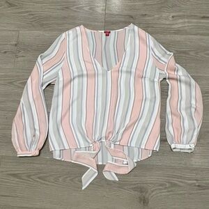 Guess Women's Striped Tie-Front Blouse V-Neck Long Sleeve Pink White Small